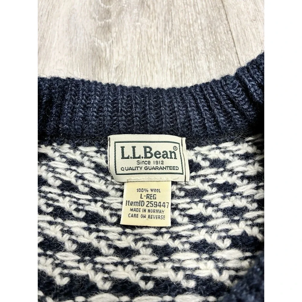 Vintage L.L.Bean Birdseye 100% Wool Blue White Fisherman Sweater Norway Made L